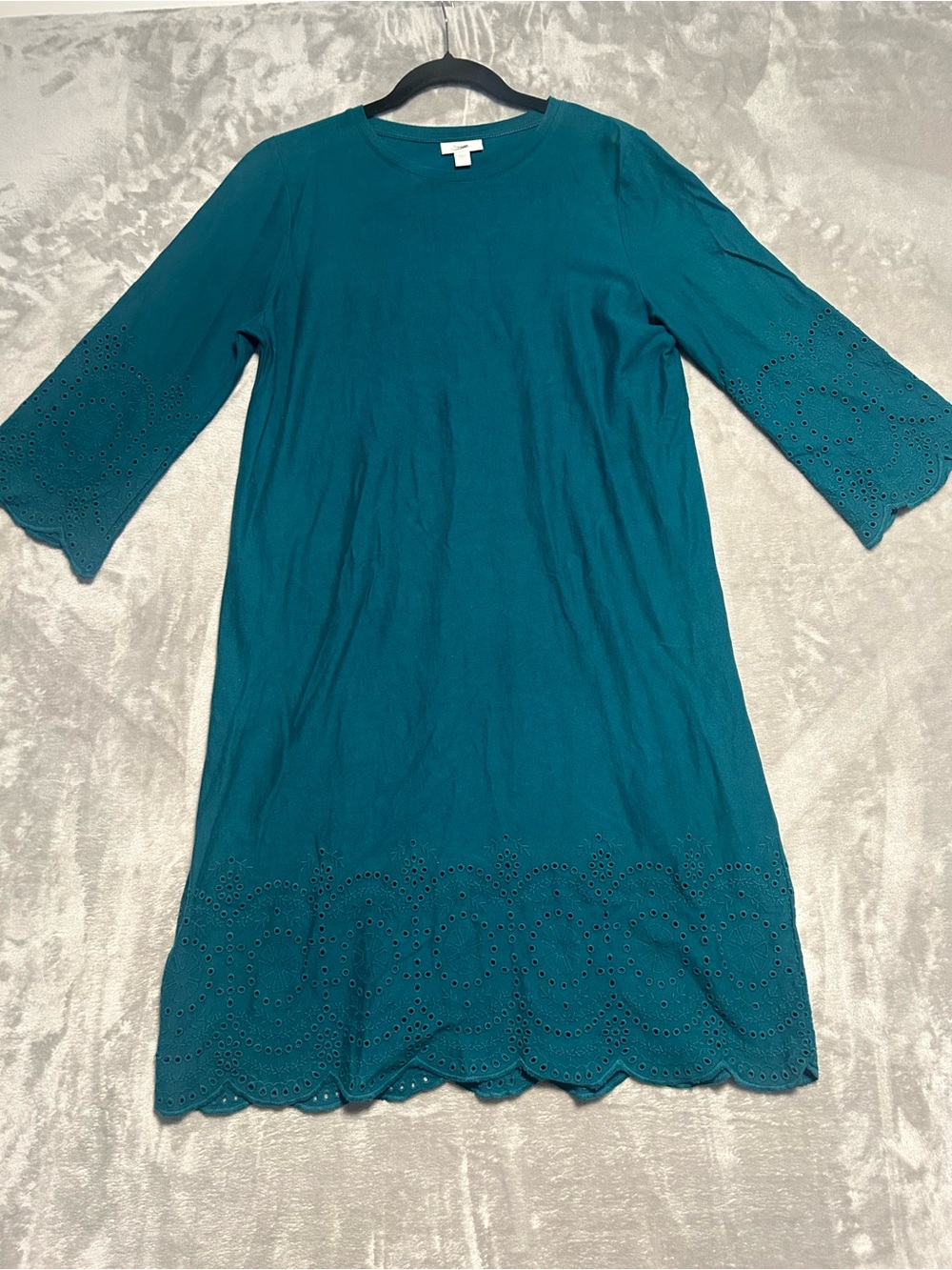 J Jill Cotton Midi Long Sleeve Dress Women’s Small Teal Blue Eyelet Embroidered